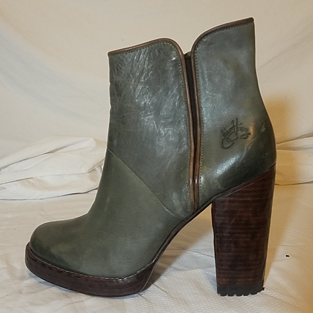 John Fluevog olive green or grey Leather Ankle Boots with Brown Heel